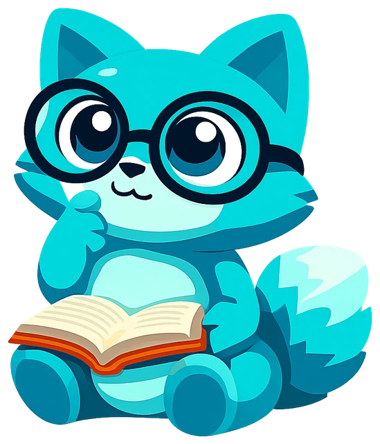 BookCat, a teal cat in glasses, reading a book